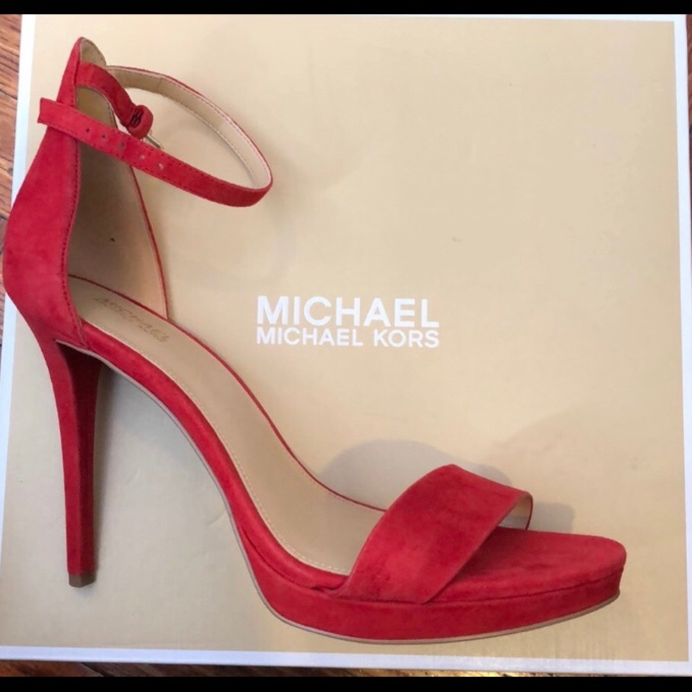Red suede heeled sandals